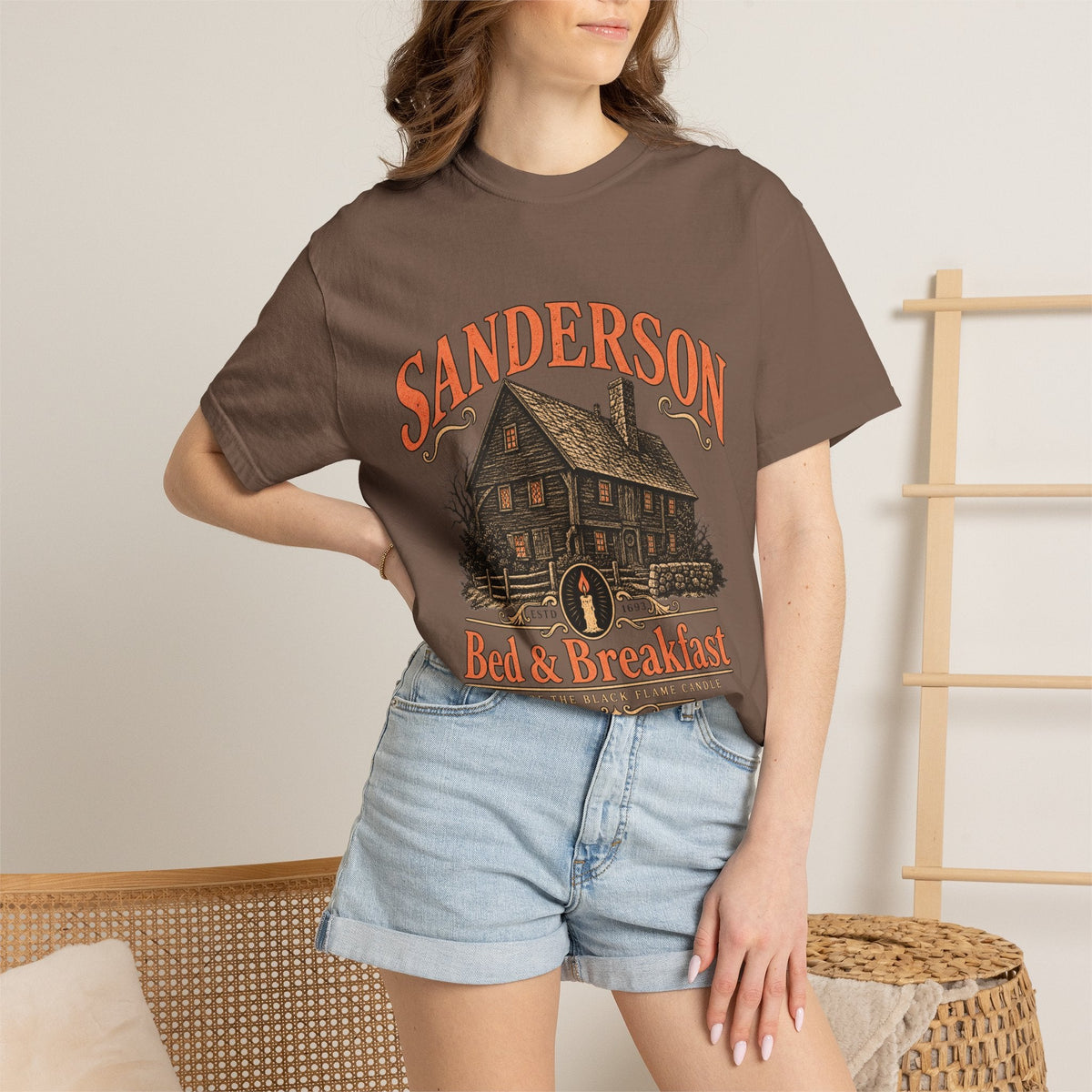 Wicked Thread Society brown heavyweight cotton t-shirt featuring a vintage Victorian house graphic and autumn tones.