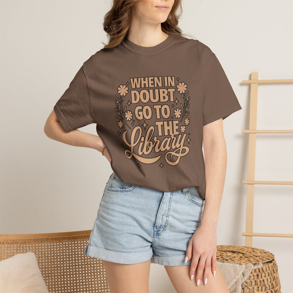 Wicked Thread Society brown cotton graphic tee with When in Doubt Go to the Library text and floral illustrations.