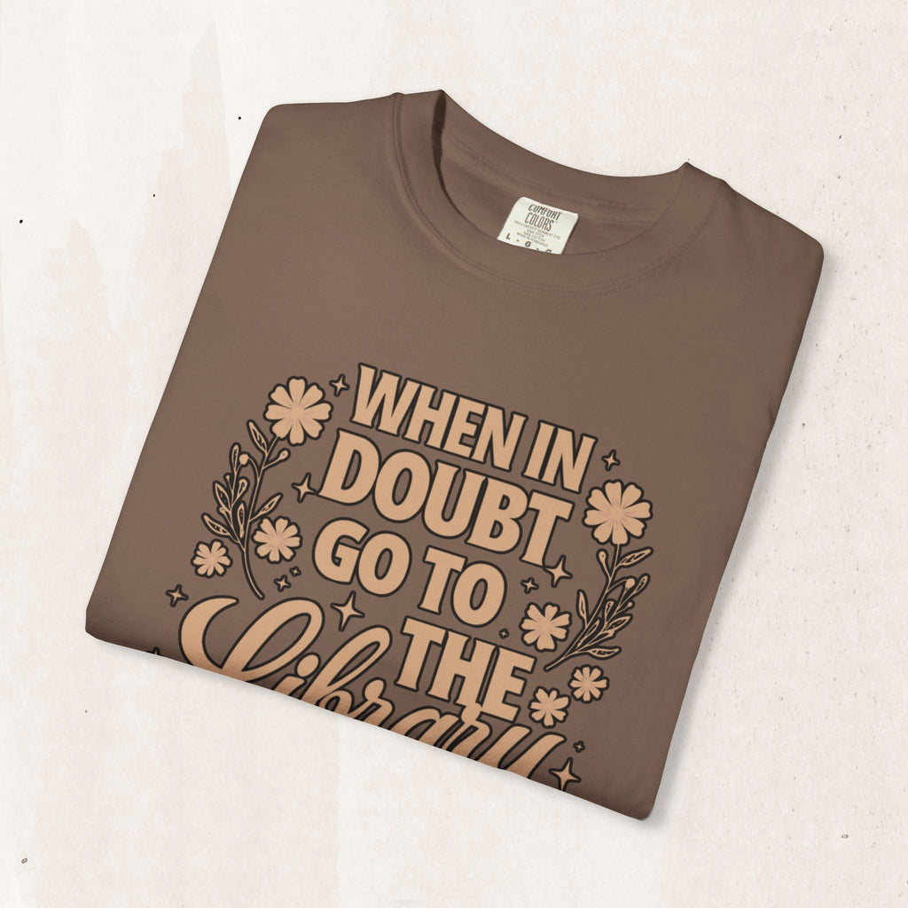 Wicked Thread Society brown cotton graphic tee featuring When in Doubt Go to the Library text with floral accents.