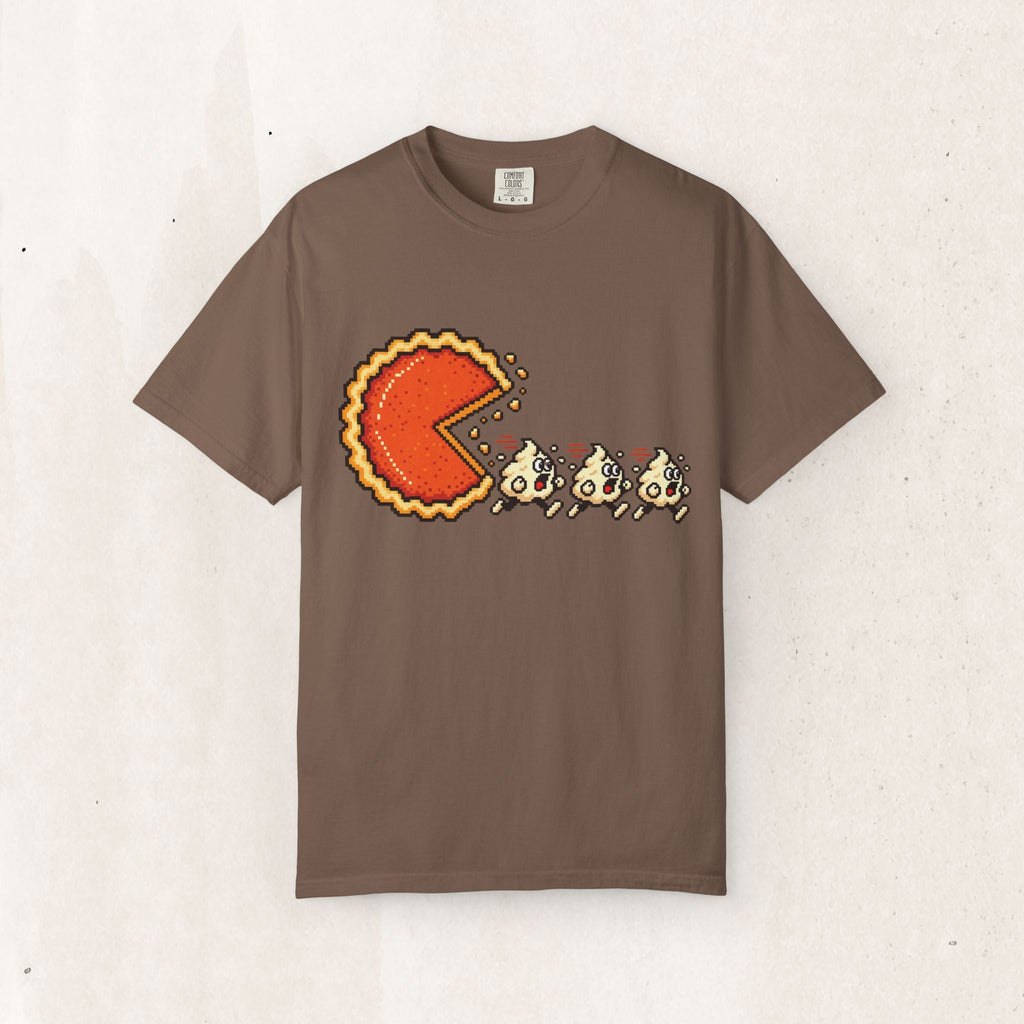 Wicked Thread Society brown t-shirt featuring a pixel art pumpkin pie chasing whipped cream ghosts in arcade style.