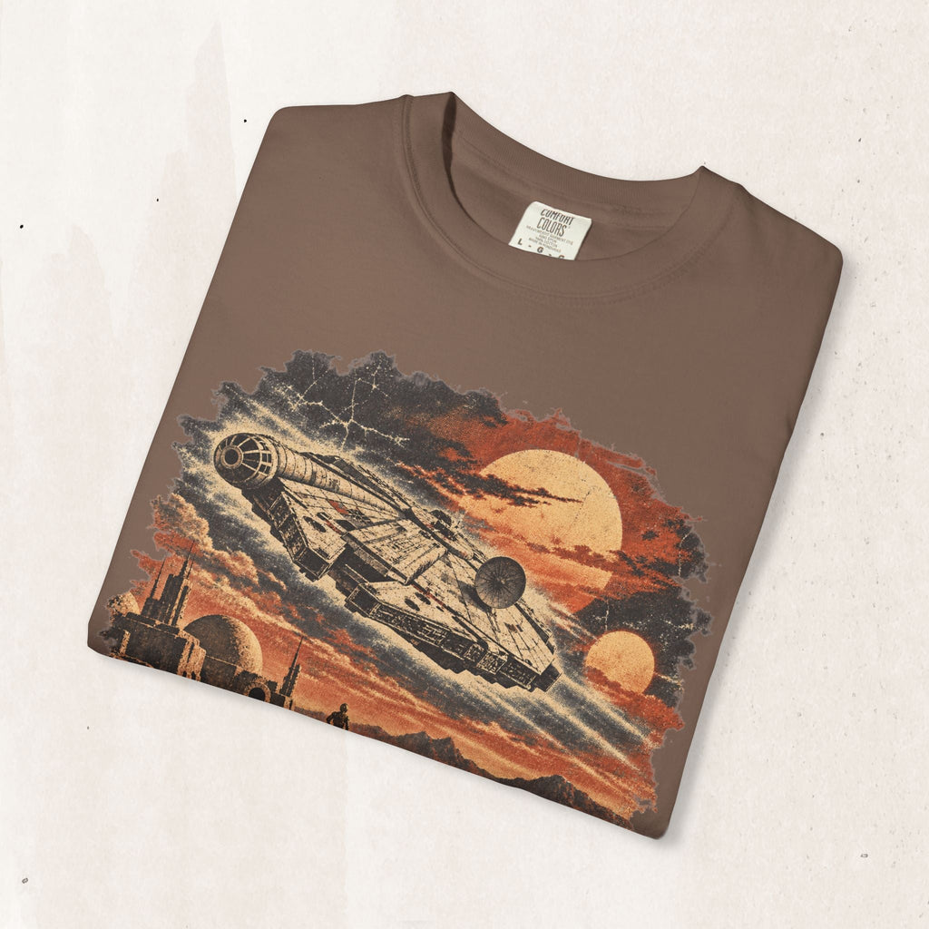 Wicked Thread Society brown crew neck t-shirt featuring a vintage distressed Millennium Falcon graphic print.