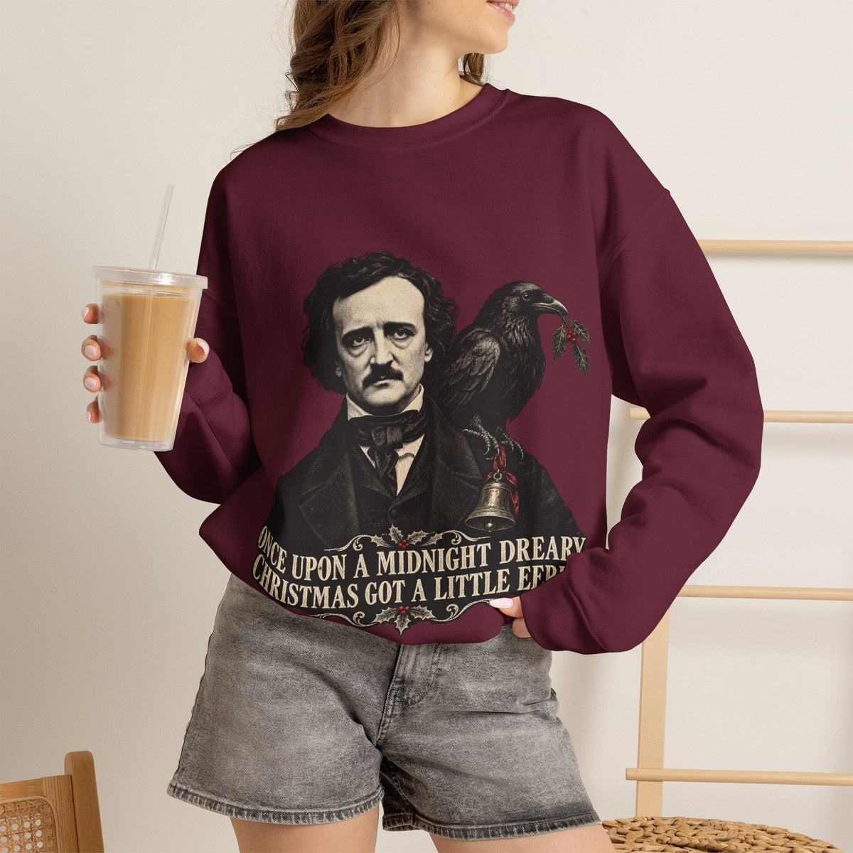 Wicked Thread Society burgundy crewneck sweatshirt featuring an Edgar Allan Poe and raven Christmas graphic print.