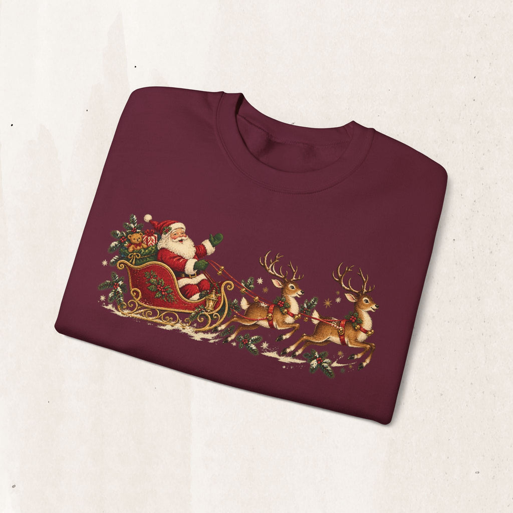Wicked Thread Society maroon crewneck sweatshirt featuring a vintage Santa in a sleigh with reindeer print