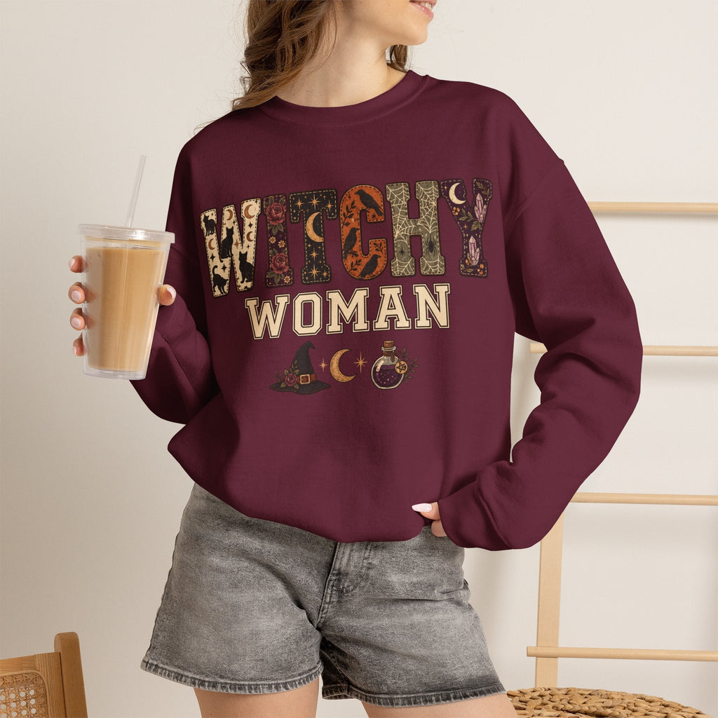 Wicked Thread Society burgundy crewneck sweatshirt with Witchy Woman graphic print, worn with grey denim shorts.