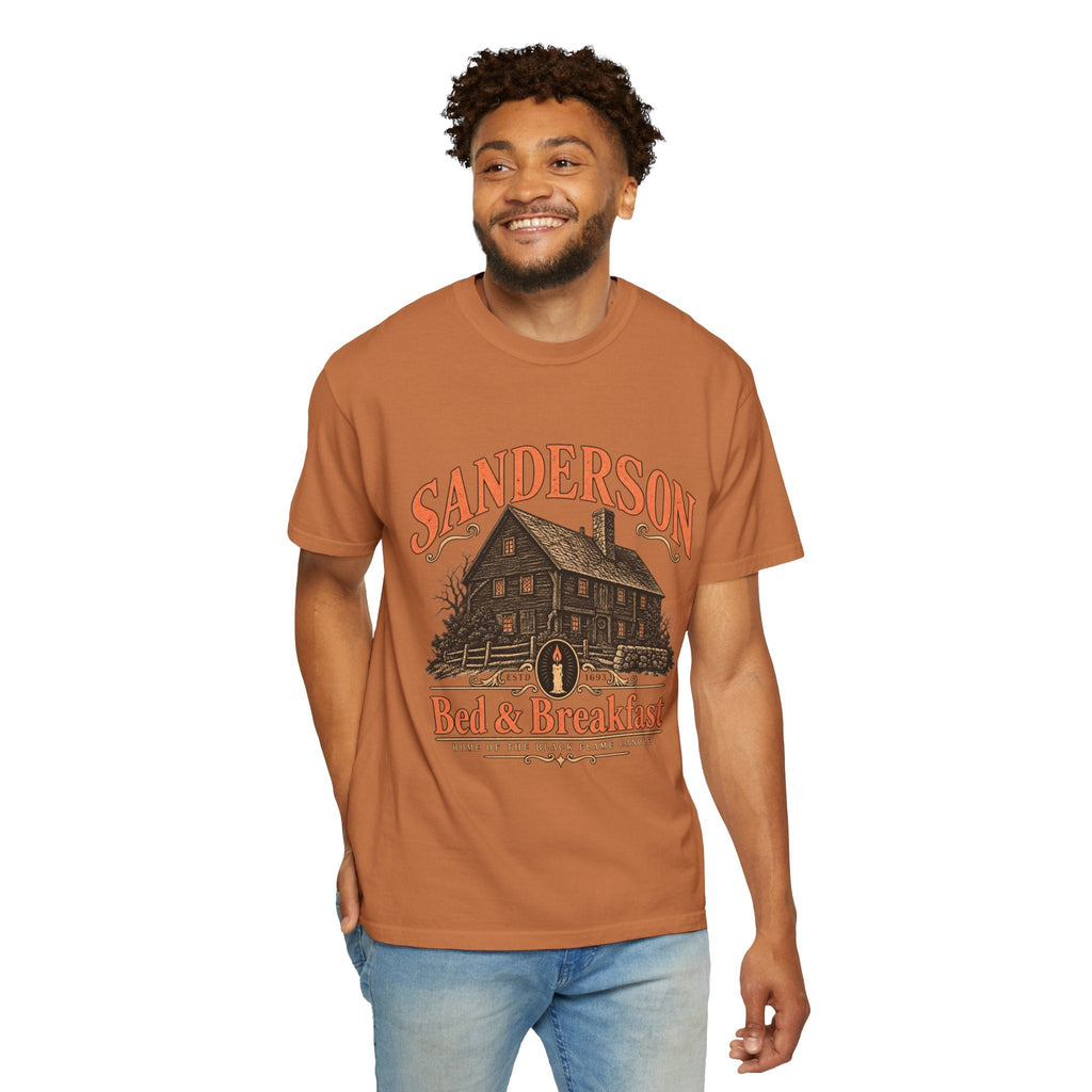 Wicked Thread Society heavyweight cotton tee in burnt orange with a vintage Sanderson Bed & Breakfast house graphic.