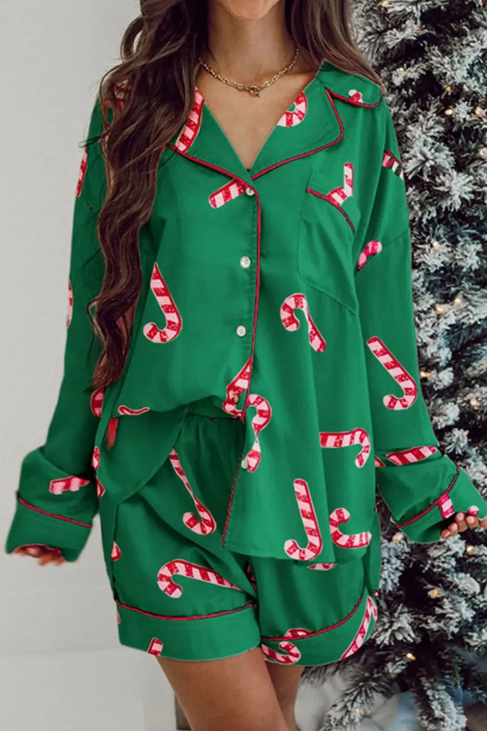 Wicked Thread Society green lounge set with candy cane print, long sleeve collared top, and matching shorts.