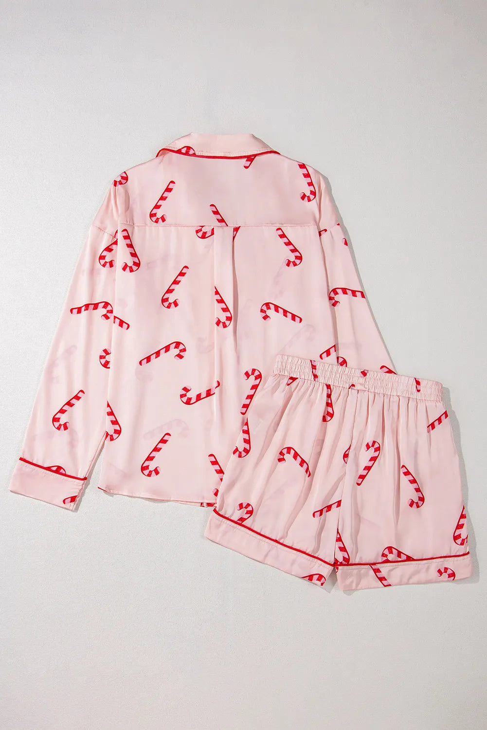 Wicked Thread Society pink lounge set with candy cane print, long sleeve collared top and matching shorts