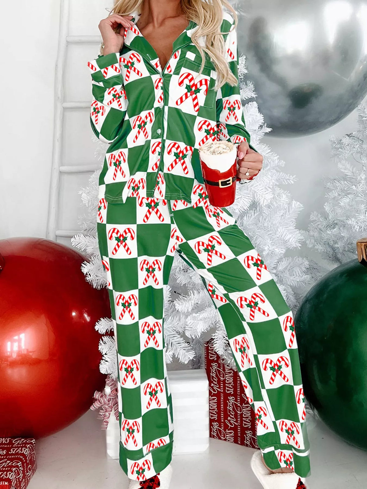 Wicked Thread Society two-piece pajama set with green and white checkered pattern and festive candy cane print