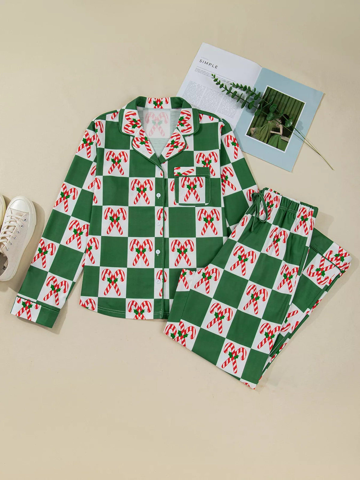 Wicked Thread Society two-piece pajama set with green and white checkered pattern and festive candy cane print