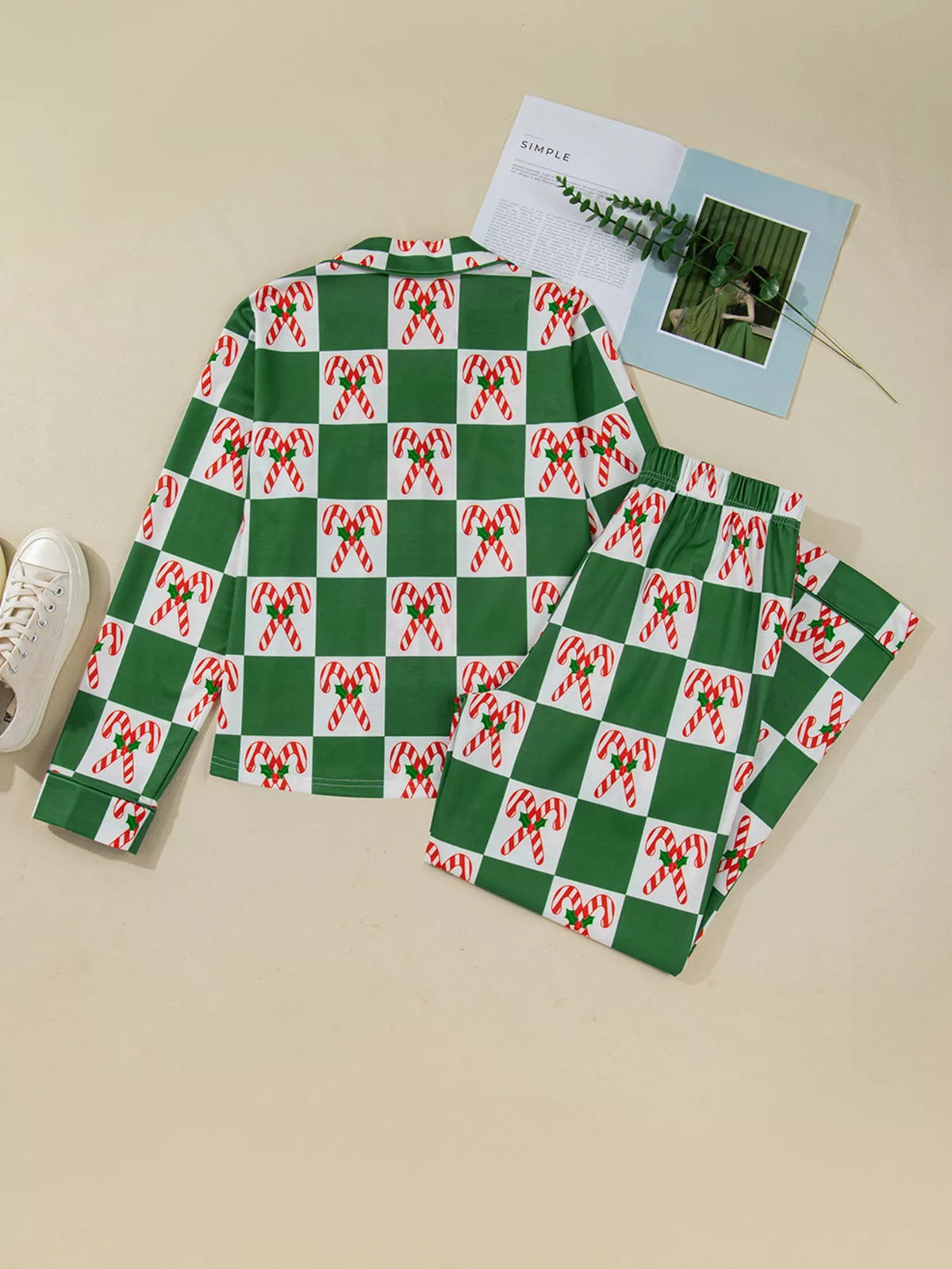 Wicked Thread Society two-piece pajama set with green and white checkered pattern and festive candy cane print