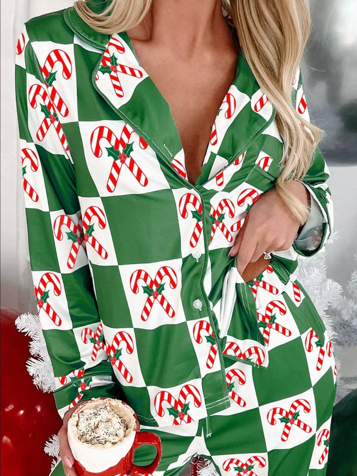 Wicked Thread Society two-piece pajama set with green and white checkered pattern and candy cane holiday print
