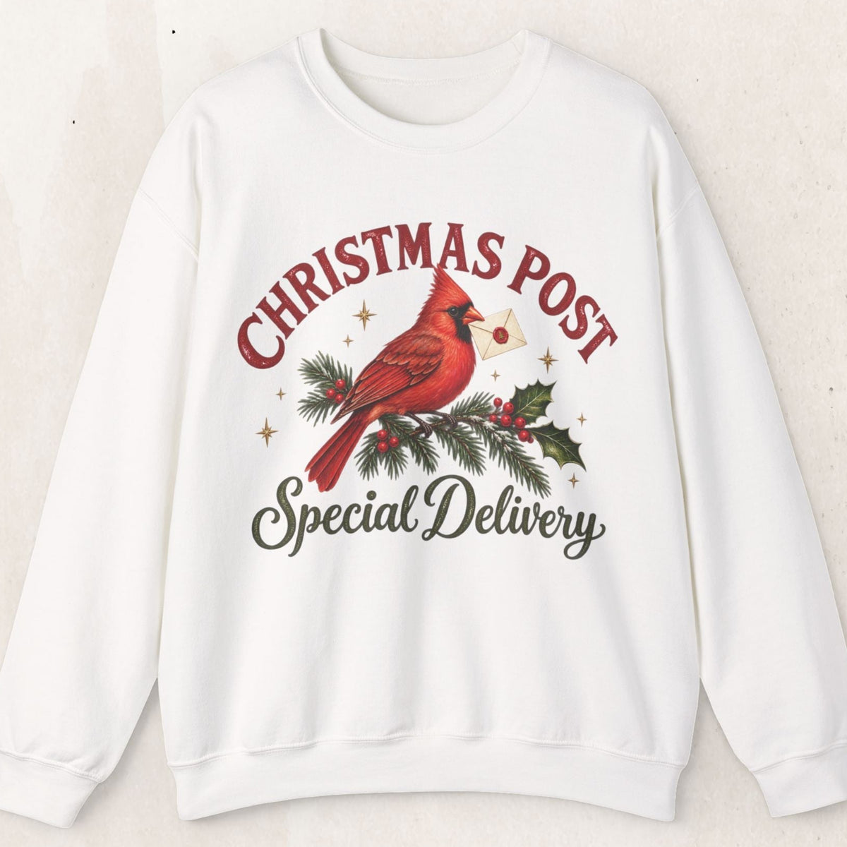 Wicked Thread Society white crewneck sweatshirt featuring a cardinal on a pine branch with a Christmas letter graphic.