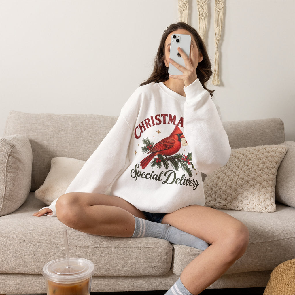 Wicked Thread Society white crewneck sweatshirt featuring a cardinal on a pine branch with Christmas Post graphic