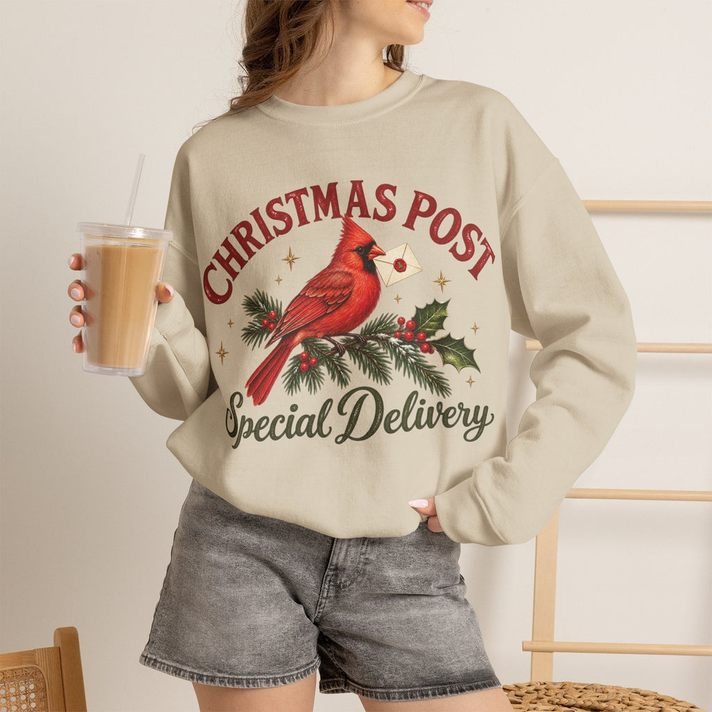 Wicked Thread Society beige crewneck sweatshirt featuring a cardinal bird with a letter and Christmas Post text