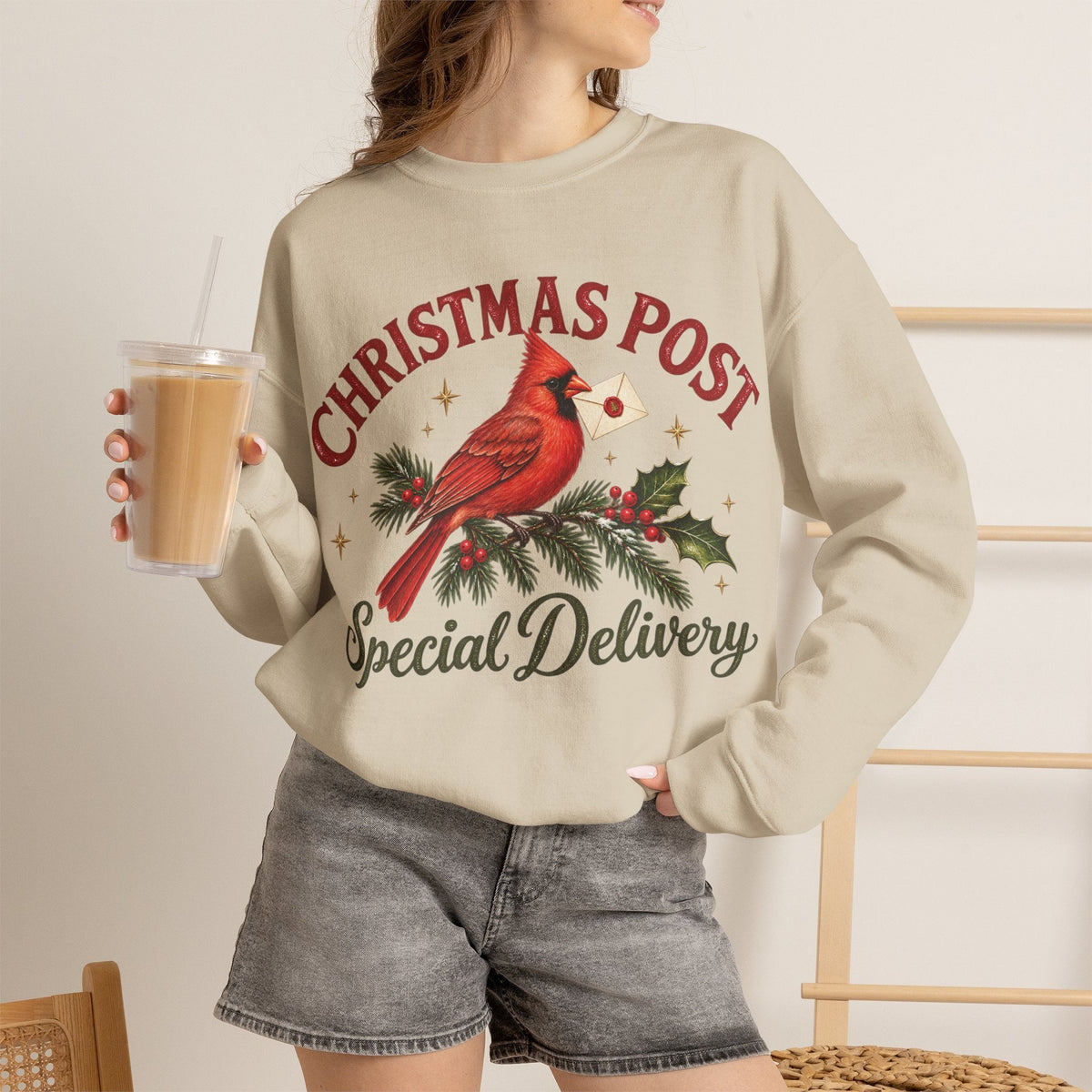 Wicked Thread Society beige crewneck sweatshirt featuring a cardinal bird with a letter and Christmas Post text
