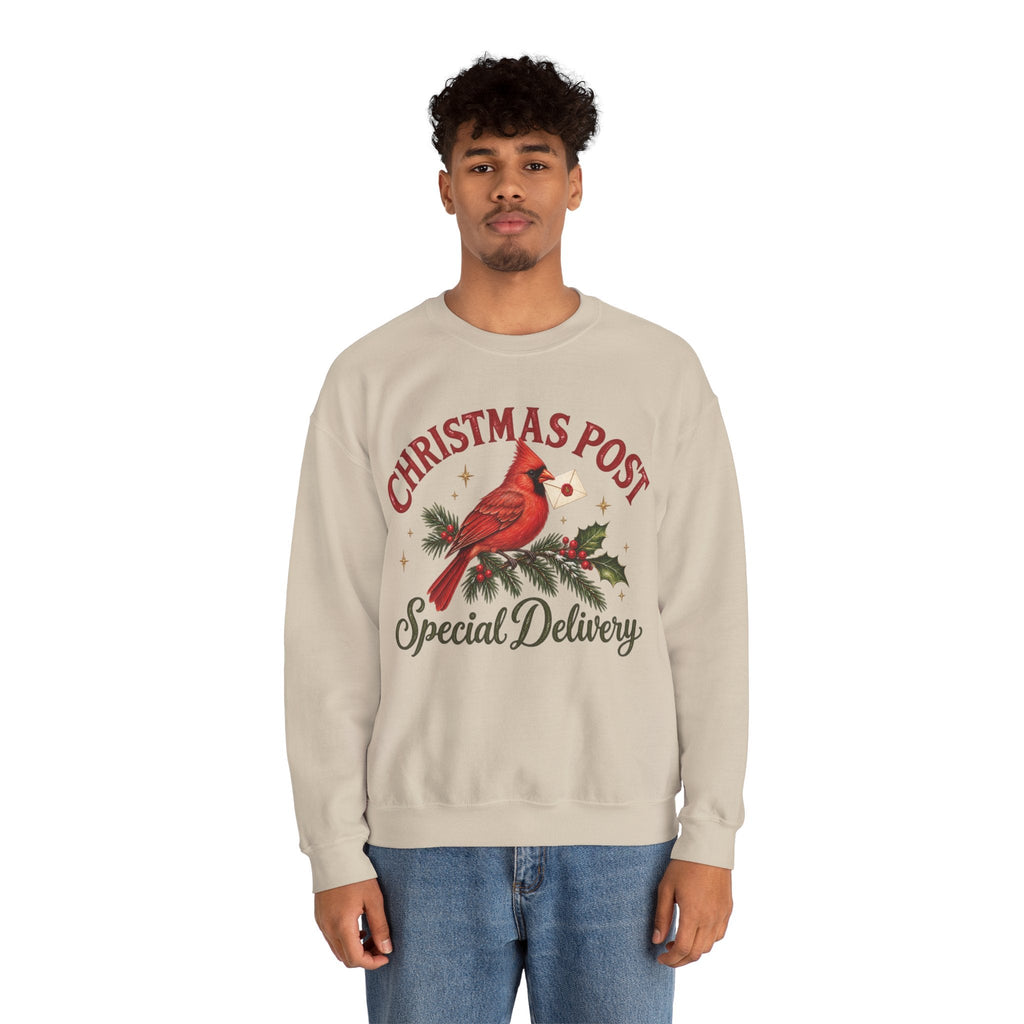 Wicked Thread Society beige crewneck sweatshirt featuring a cardinal on a pine branch with Christmas Post text