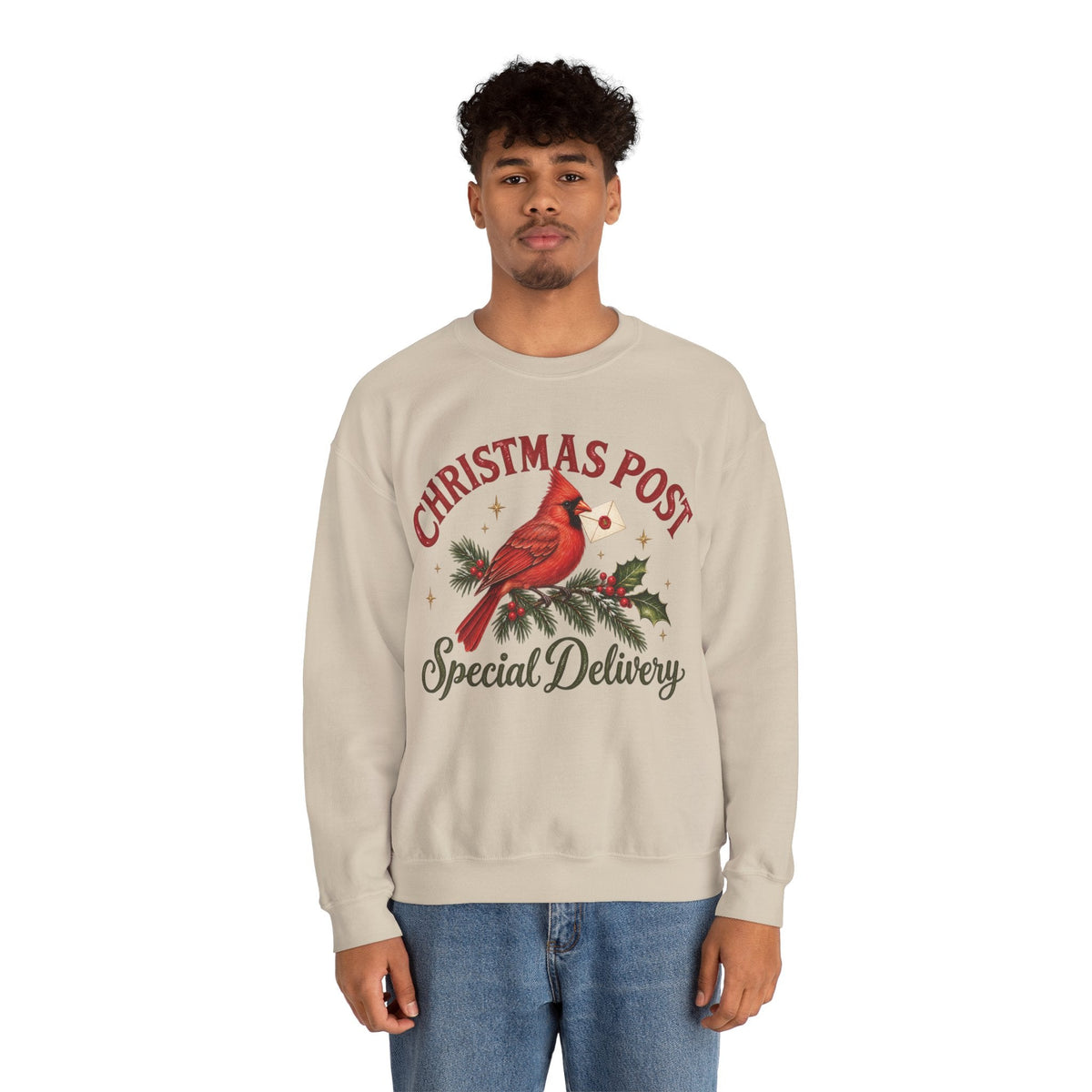 Wicked Thread Society beige crewneck sweatshirt featuring a cardinal on a pine branch with Christmas Post text