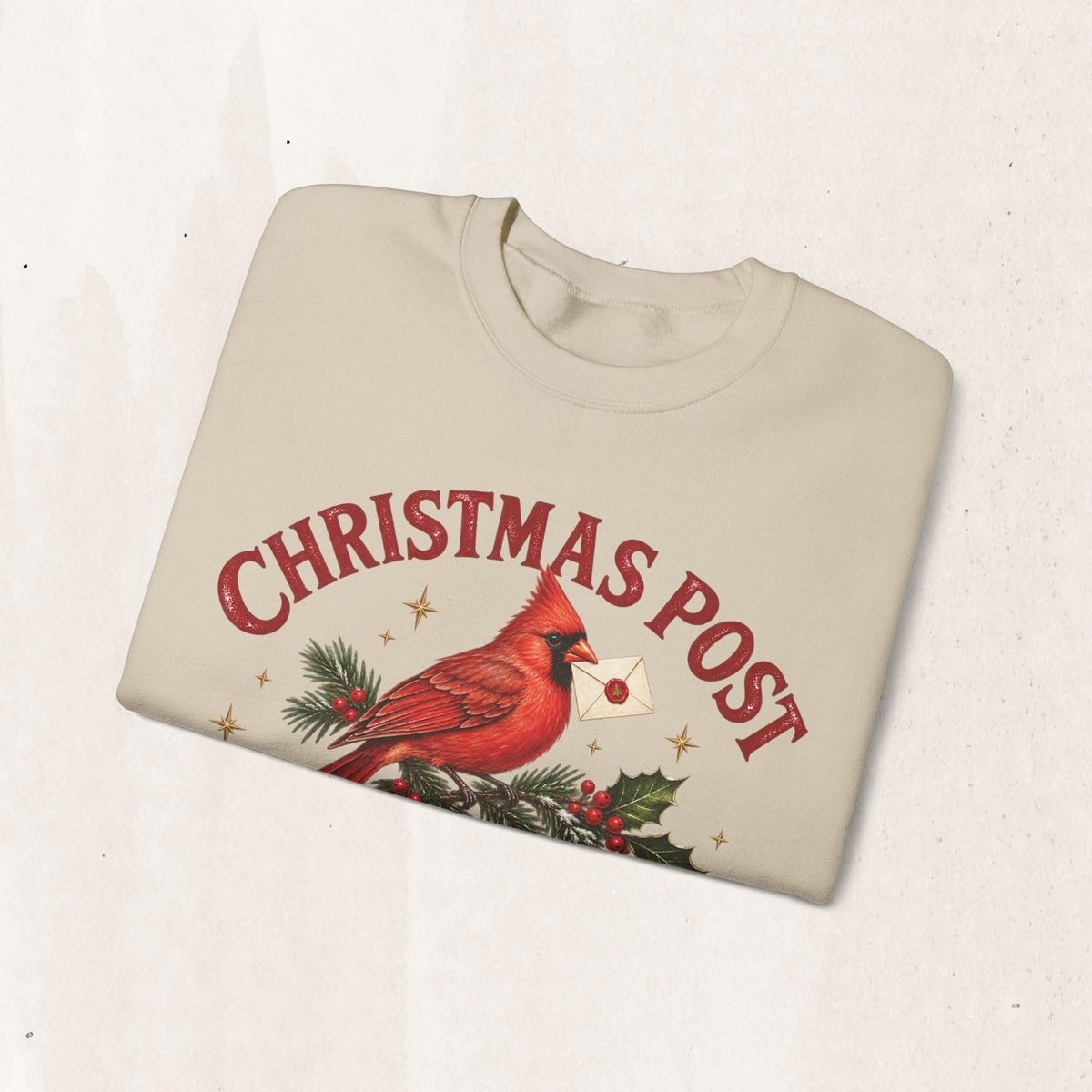 Wicked Thread Society beige crewneck sweatshirt featuring a cardinal bird with a letter and Christmas Post text.