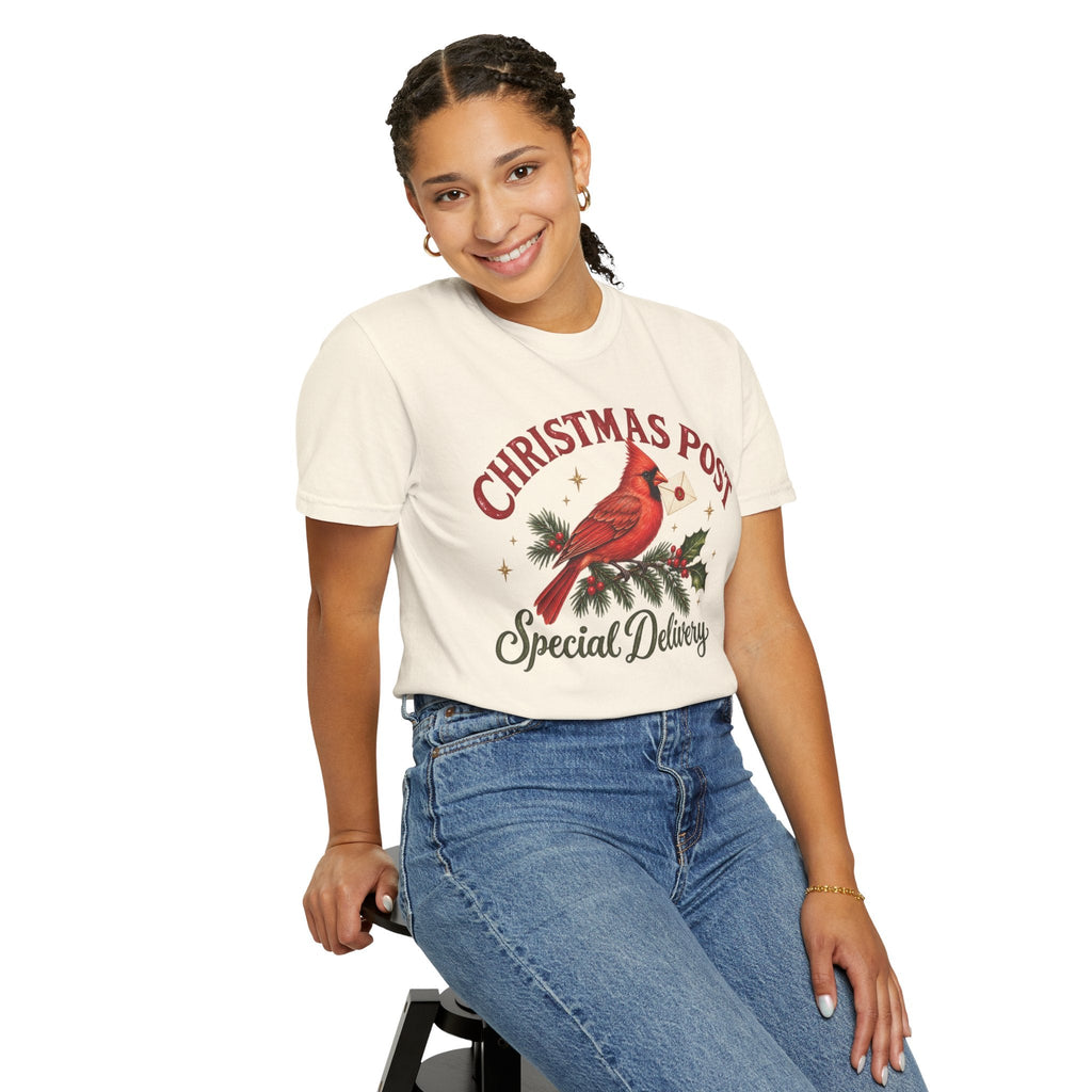 Wicked Thread Society cream graphic t-shirt featuring a red cardinal on a pine branch with Christmas Post text