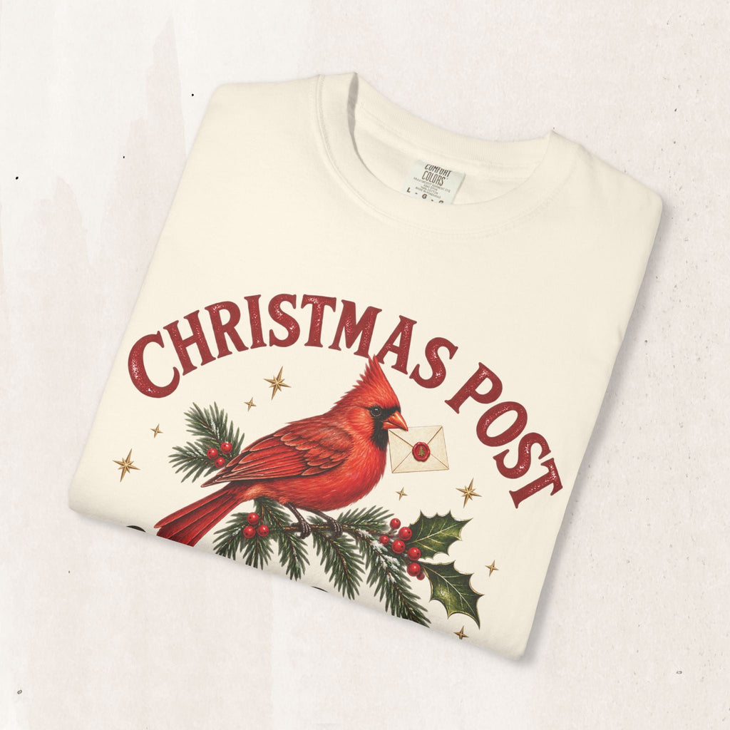 Wicked Thread Society cream graphic t-shirt featuring a red cardinal on a pine branch with Christmas Post text