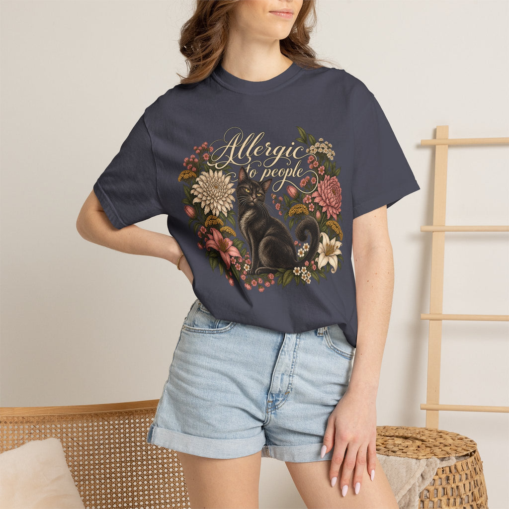 Wicked Thread Society dark grey t-shirt featuring a black cat illustration inside a vintage floral wreath
