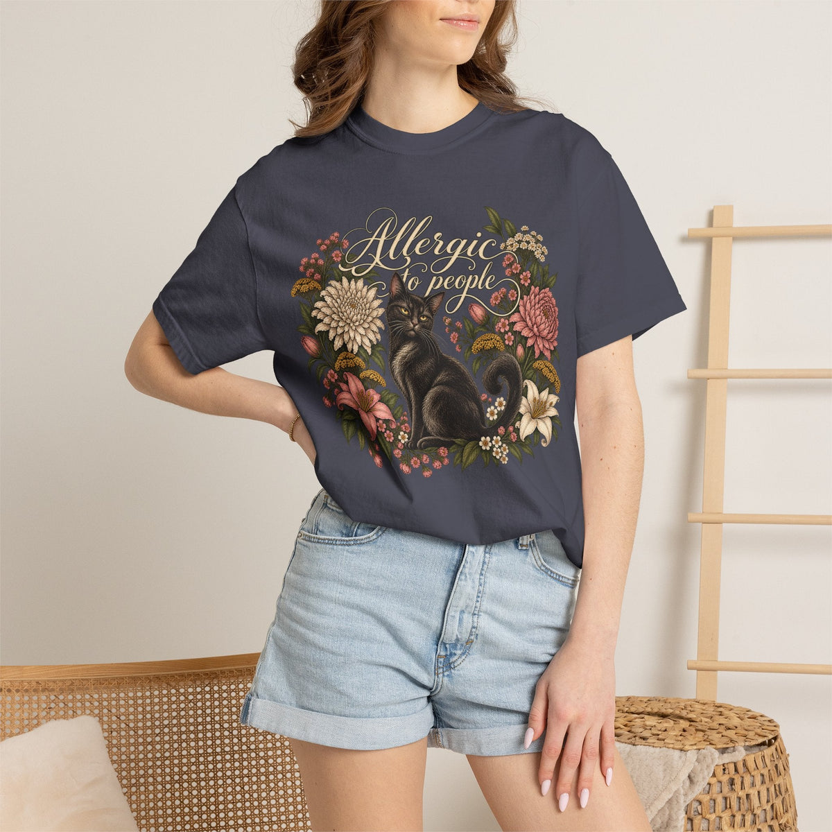 Wicked Thread Society dark grey t-shirt featuring a black cat illustration inside a vintage floral wreath