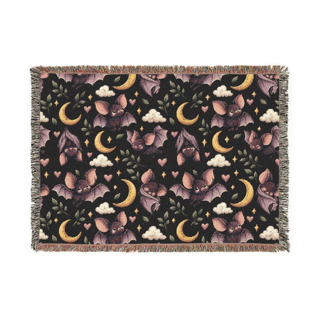 Wicked Thread Society cotton throw blanket featuring a celestial bat, moon, and floral pattern with fringed edges.