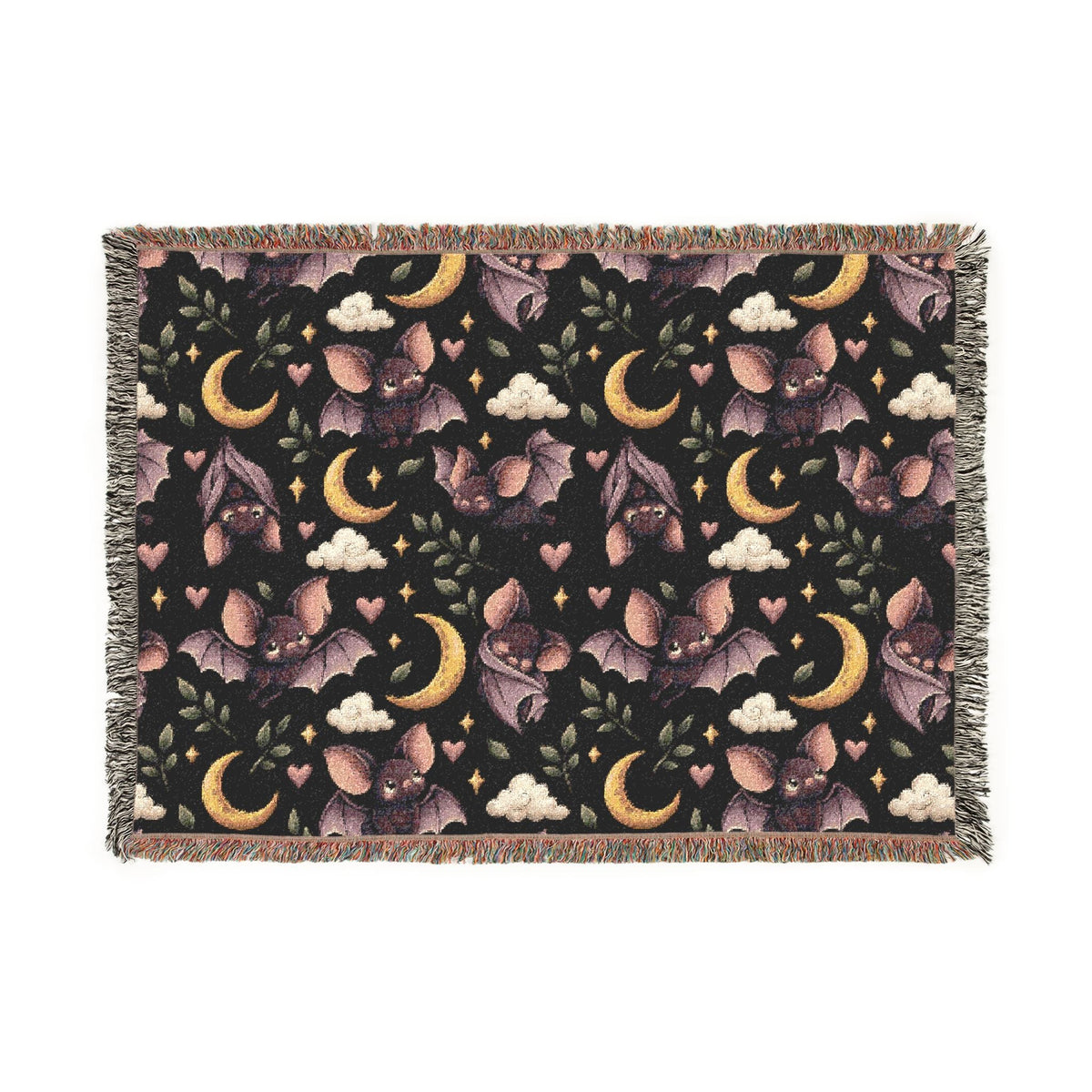 Wicked Thread Society cotton throw blanket featuring a celestial bat, moon, and floral pattern with fringed edges.