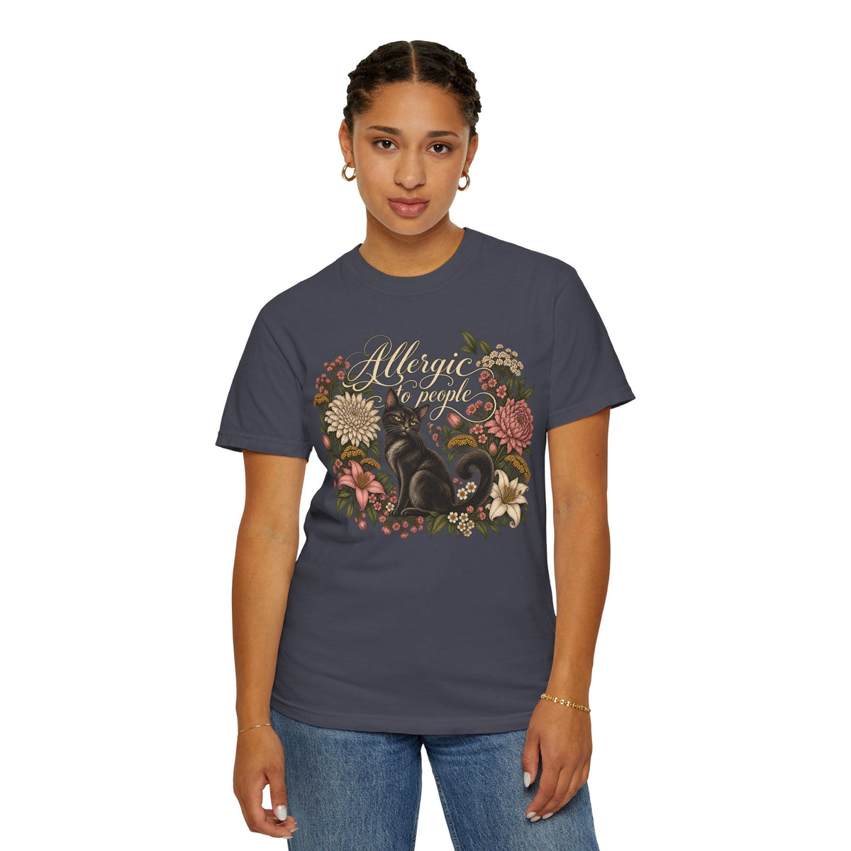 Wicked Thread Society charcoal grey graphic tee featuring a black cat and floral wreath with Allergic to People text