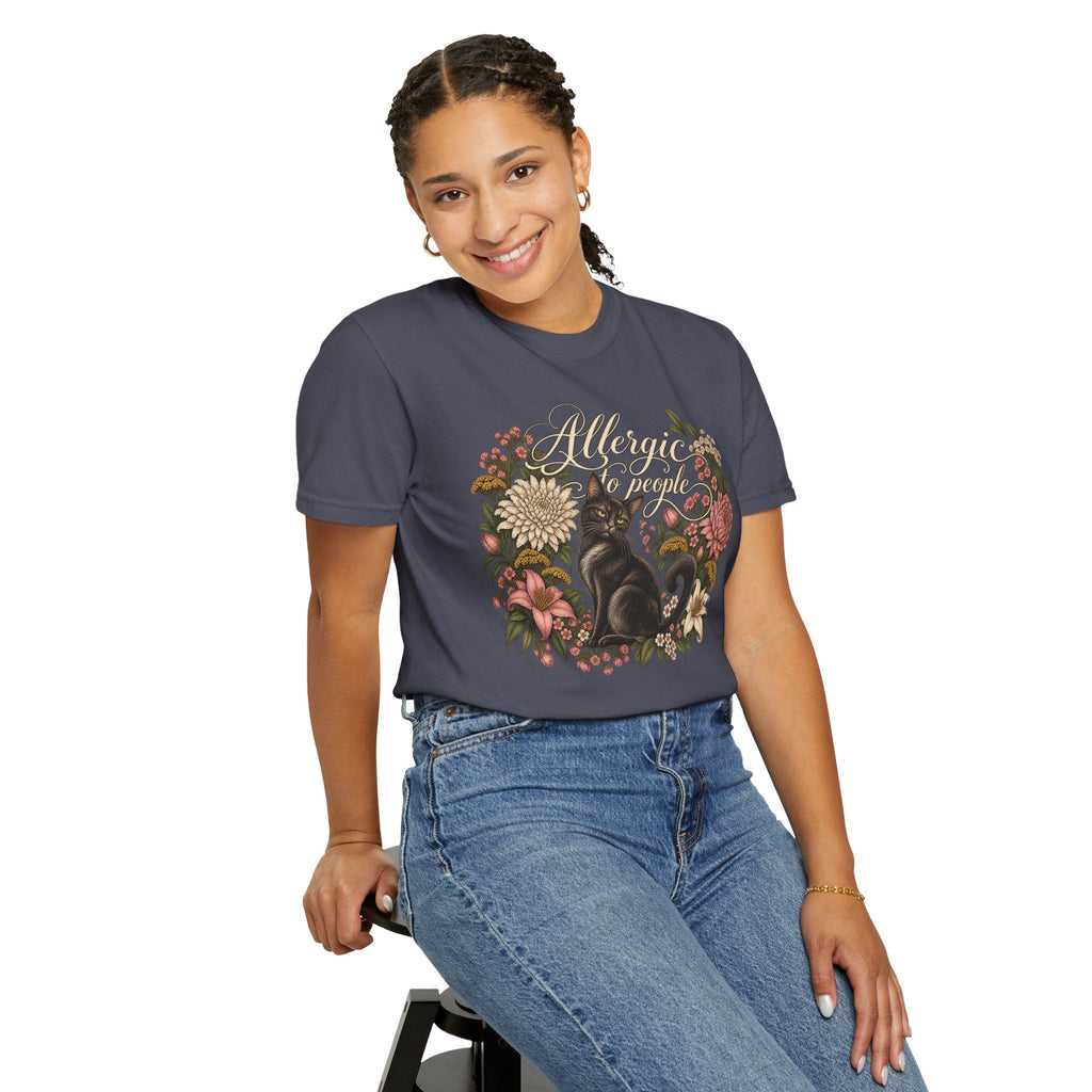 Wicked Thread Society charcoal grey graphic tee featuring a black cat and floral wreath with Allergic to People text.