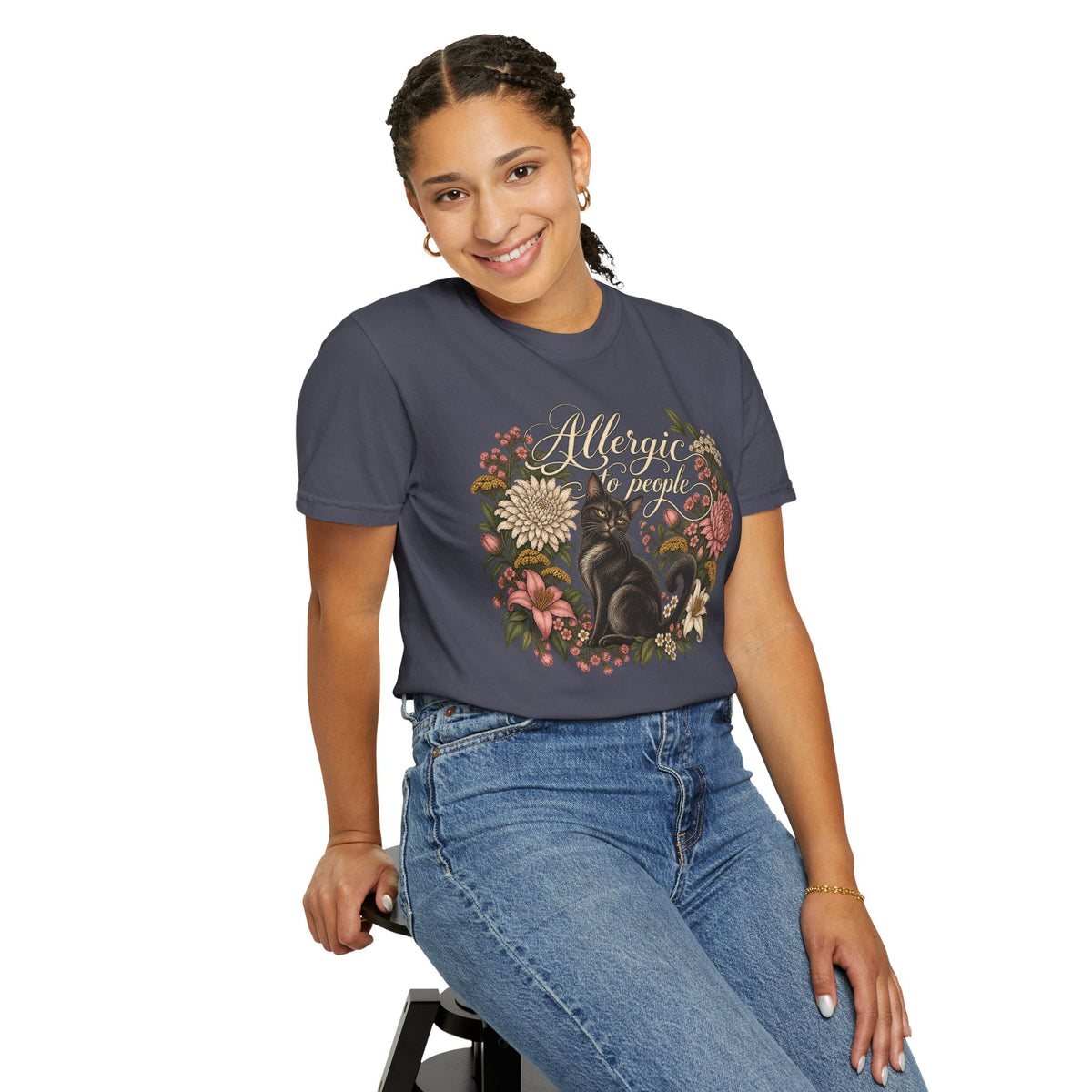 Wicked Thread Society charcoal grey graphic tee featuring a black cat and floral wreath with Allergic to People text.