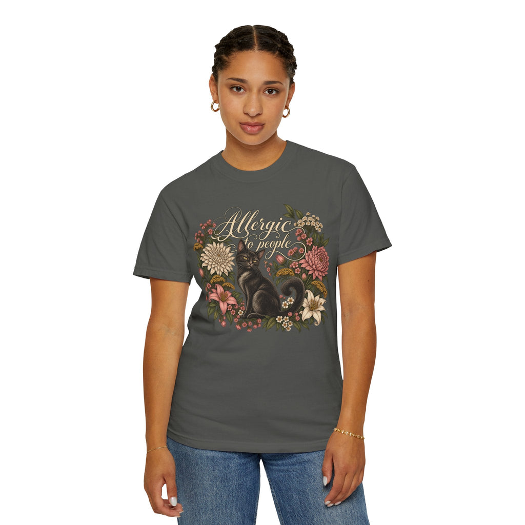 Wicked Thread Society charcoal grey graphic tee featuring a black cat illustration with a vintage floral wreath.