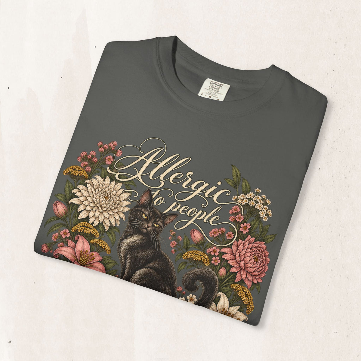 Wicked Thread Society charcoal grey graphic tee featuring a black cat illustration and vintage floral wreath design.