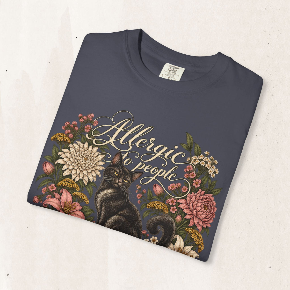 Wicked Thread Society charcoal grey graphic tee featuring a black cat illustration and vintage floral wreath design.
