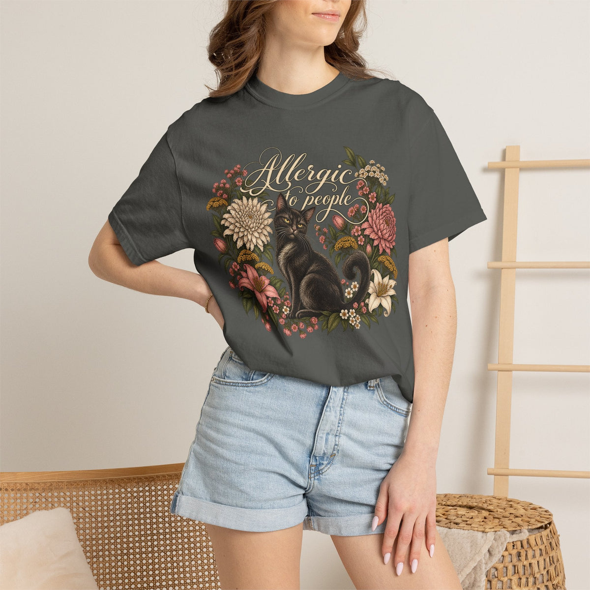 Wicked Thread Society charcoal grey graphic tee featuring a black cat illustration and floral wreath with script text