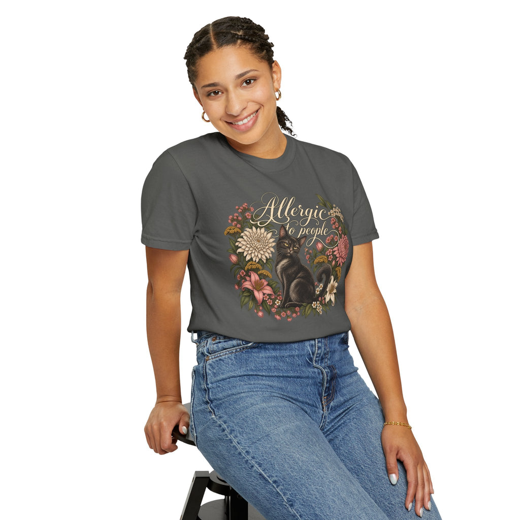 Wicked Thread Society charcoal grey graphic tee featuring a black cat and floral wreath with Allergic to People text.
