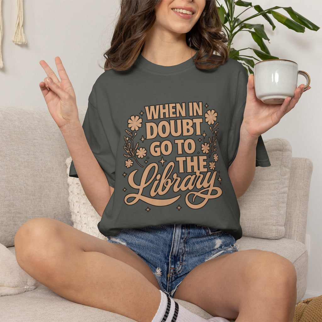 Wicked Thread Society charcoal grey graphic tee with When in Doubt Go to the Library text and floral illustrations.