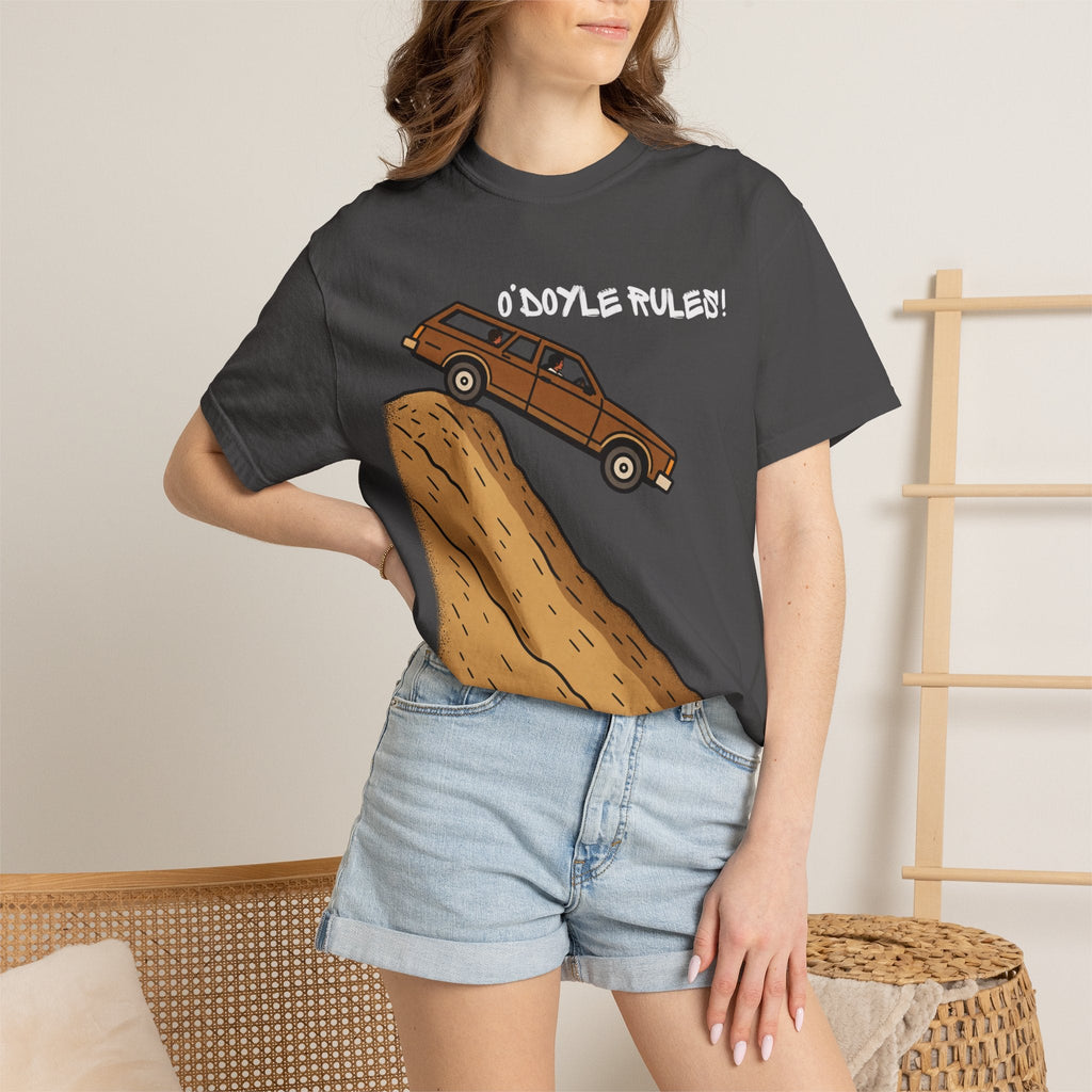Wicked Thread Society charcoal grey heavyweight cotton graphic tee featuring a wood-paneled wagon on a sandy hill.