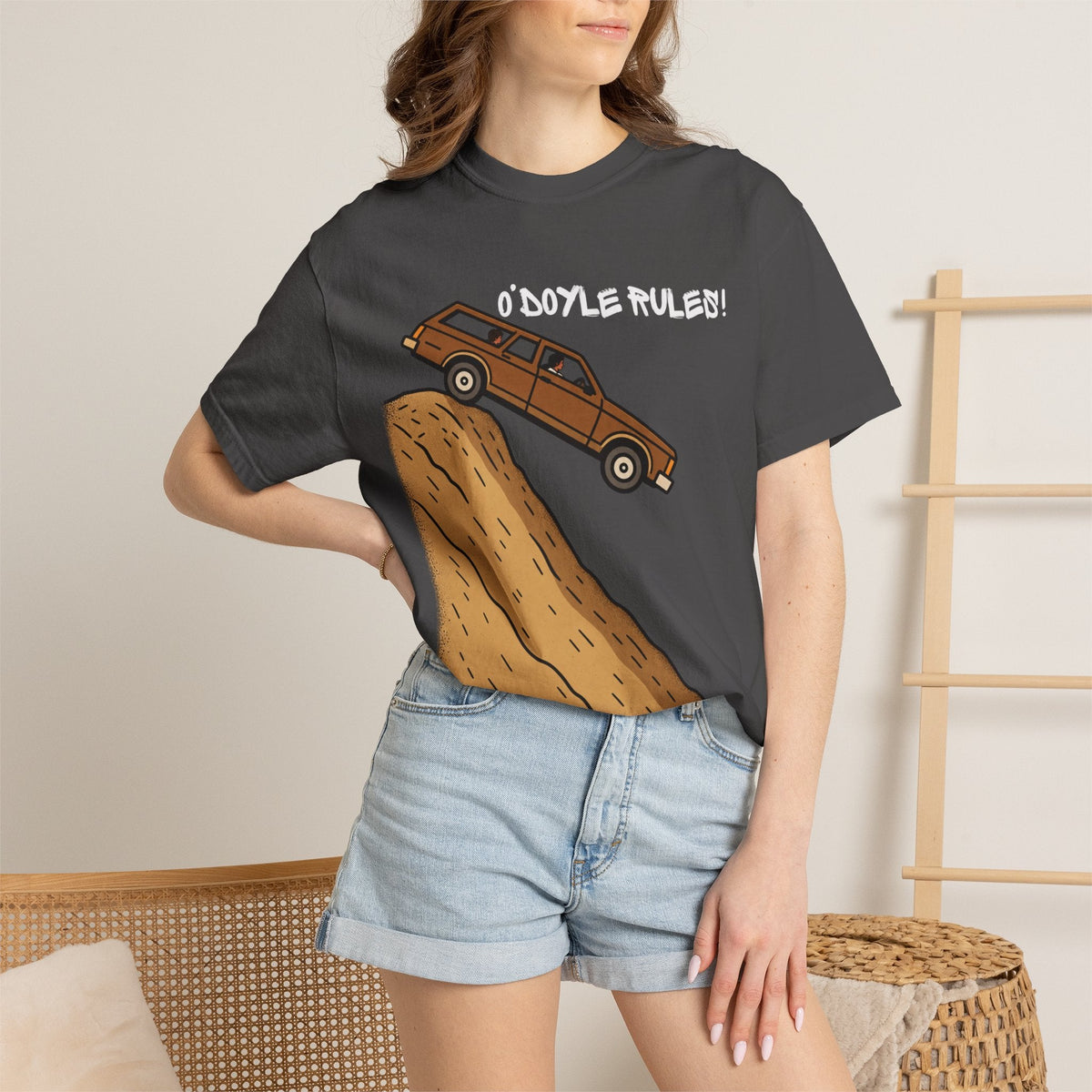 Wicked Thread Society charcoal grey heavyweight cotton graphic tee featuring a wood-paneled wagon on a sandy hill.