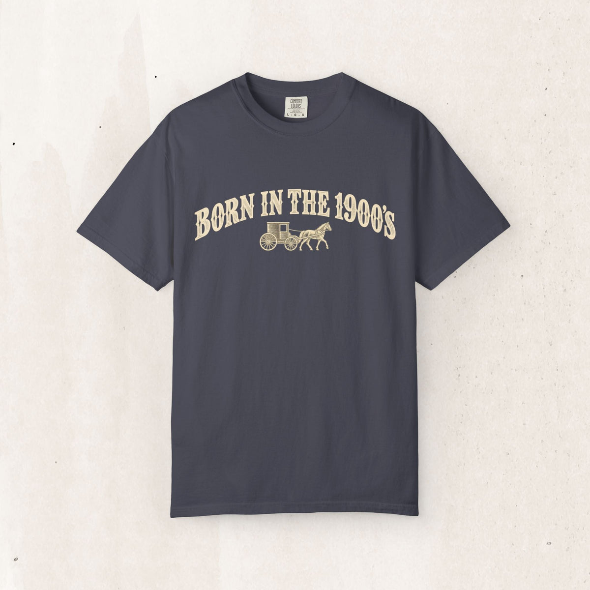 Wicked Thread Society charcoal grey garment-dyed cotton t-shirt with Born in the 1900s cream arched graphic print.