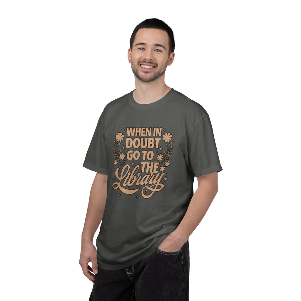 Wicked Thread Society charcoal grey cotton graphic tee with When in Doubt Go to the Library text on a smiling man