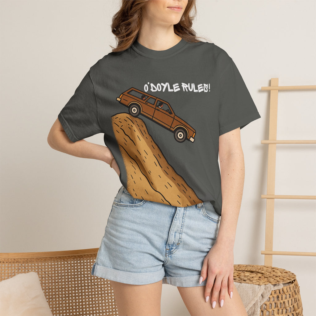 Wicked Thread Society charcoal grey heavyweight cotton graphic tee featuring a wood-paneled wagon on a sandy hill.