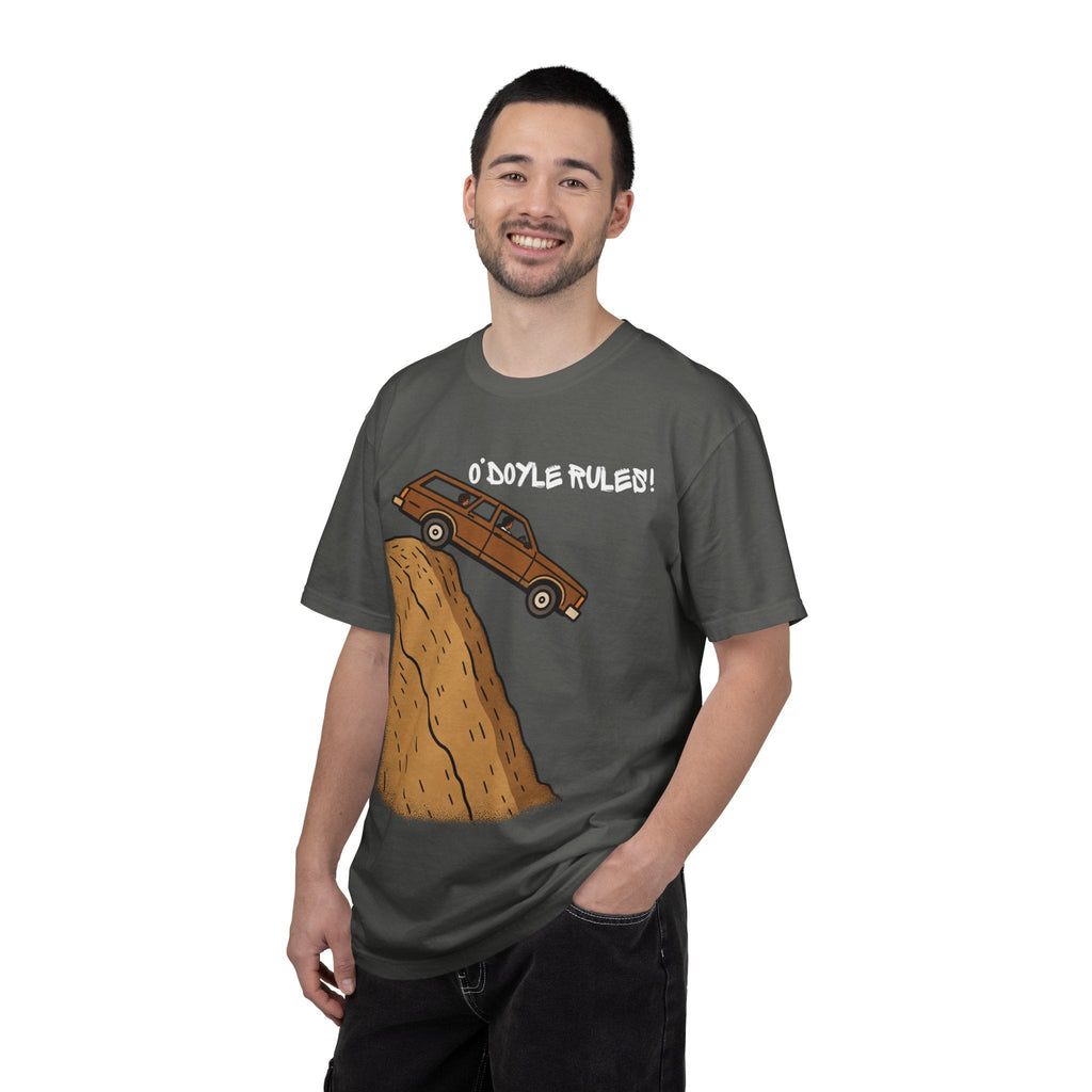 A man wearing a Wicked Thread Society charcoal grey heavyweight cotton graphic tee with an O'Doyle Rules wagon print.