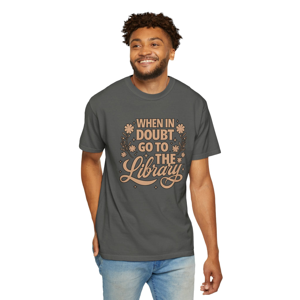 Wicked Thread Society charcoal grey cotton graphic tee with When in Doubt Go to the Library text and floral design