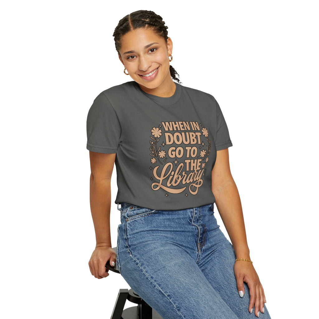 Wicked Thread Society charcoal grey graphic tee with When in Doubt Go to the Library text worn by a smiling woman.