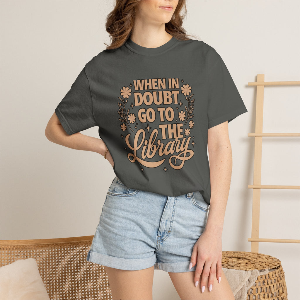 Wicked Thread Society charcoal grey cotton graphic tee with When in Doubt Go to the Library text and floral design.