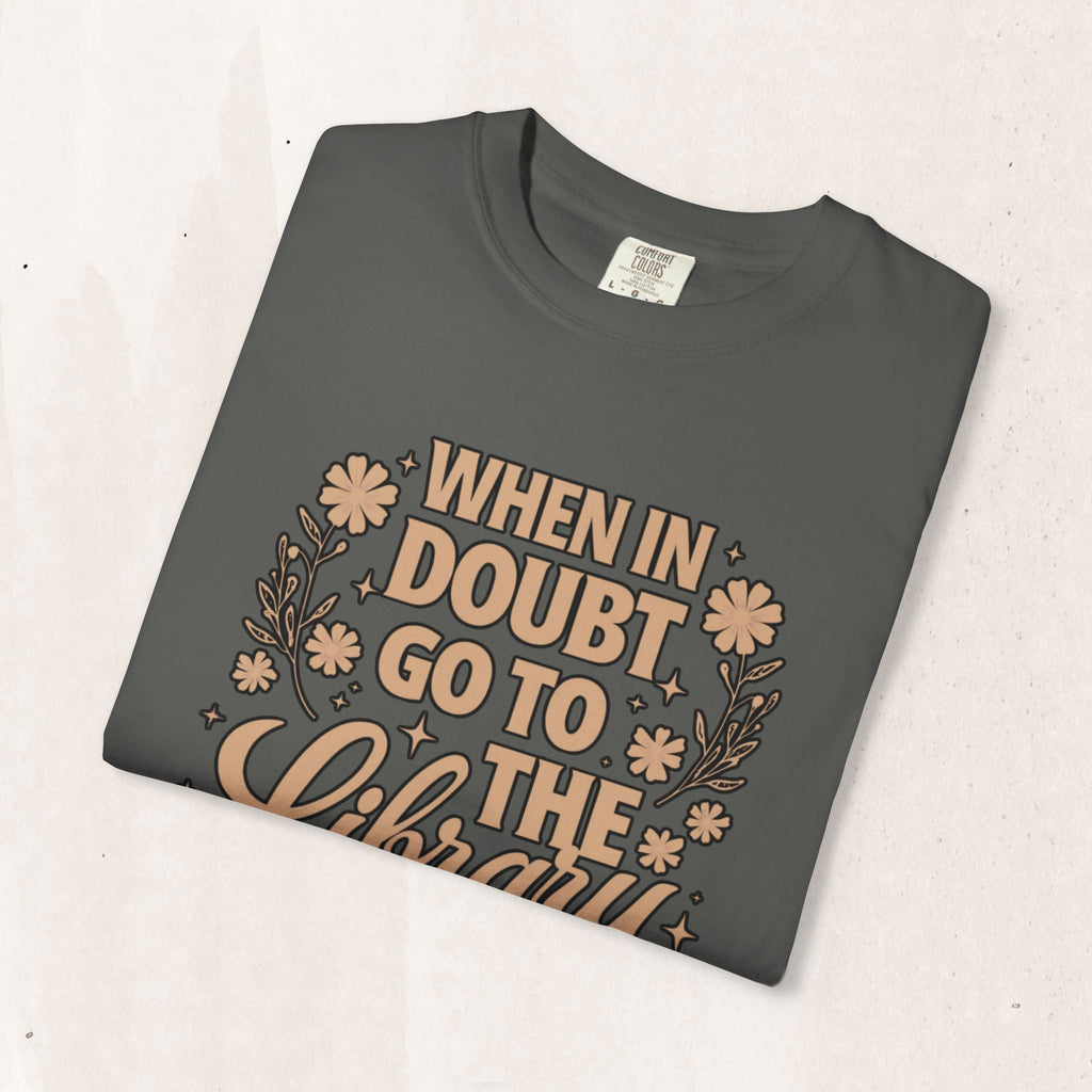 Wicked Thread Society charcoal grey cotton graphic tee with When in Doubt Go to the Library bookish floral print.