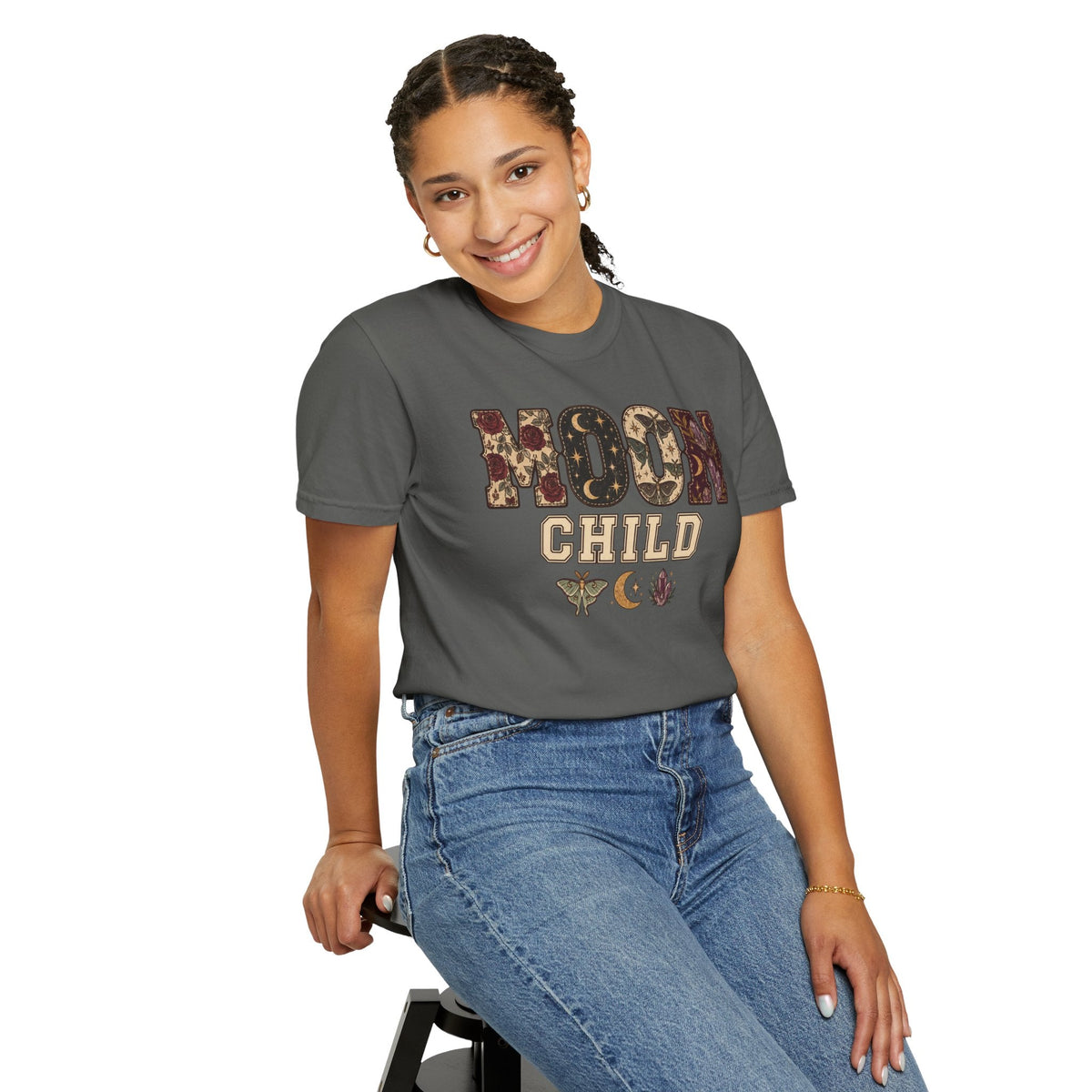 Wicked Thread Society charcoal grey heavyweight cotton graphic tee with Moon Child celestial and floral print