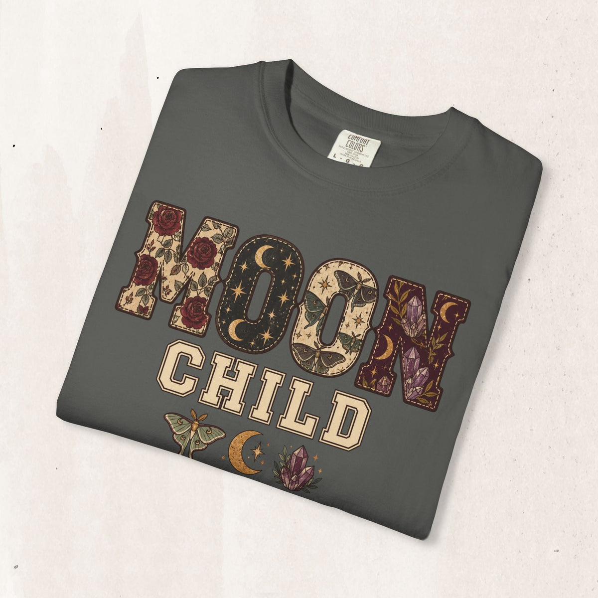 Wicked Thread Society charcoal grey heavyweight cotton t-shirt with Moon Child floral and celestial graphic print