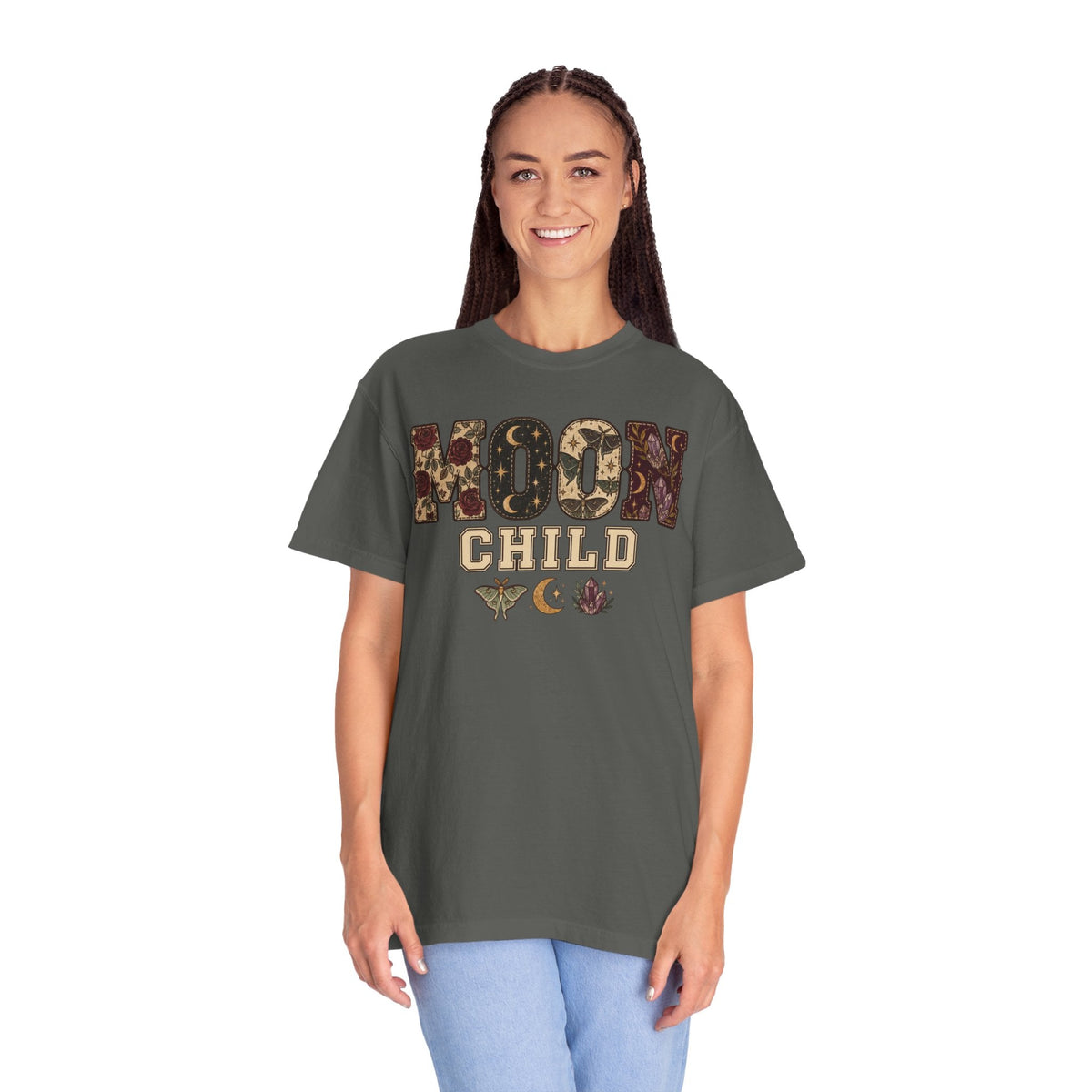Wicked Thread Society charcoal grey heavyweight cotton graphic tee with Moon Child floral celestial print on a model
